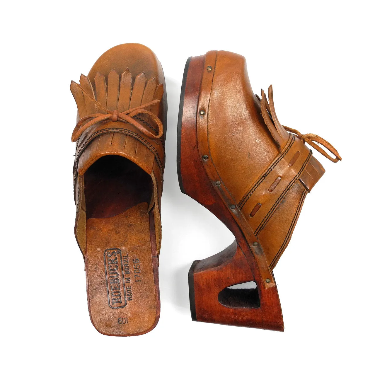 1970's Roebucks Tooled Leather and Wood Platform Clogs with Cutout Heel 9.5 SOLD