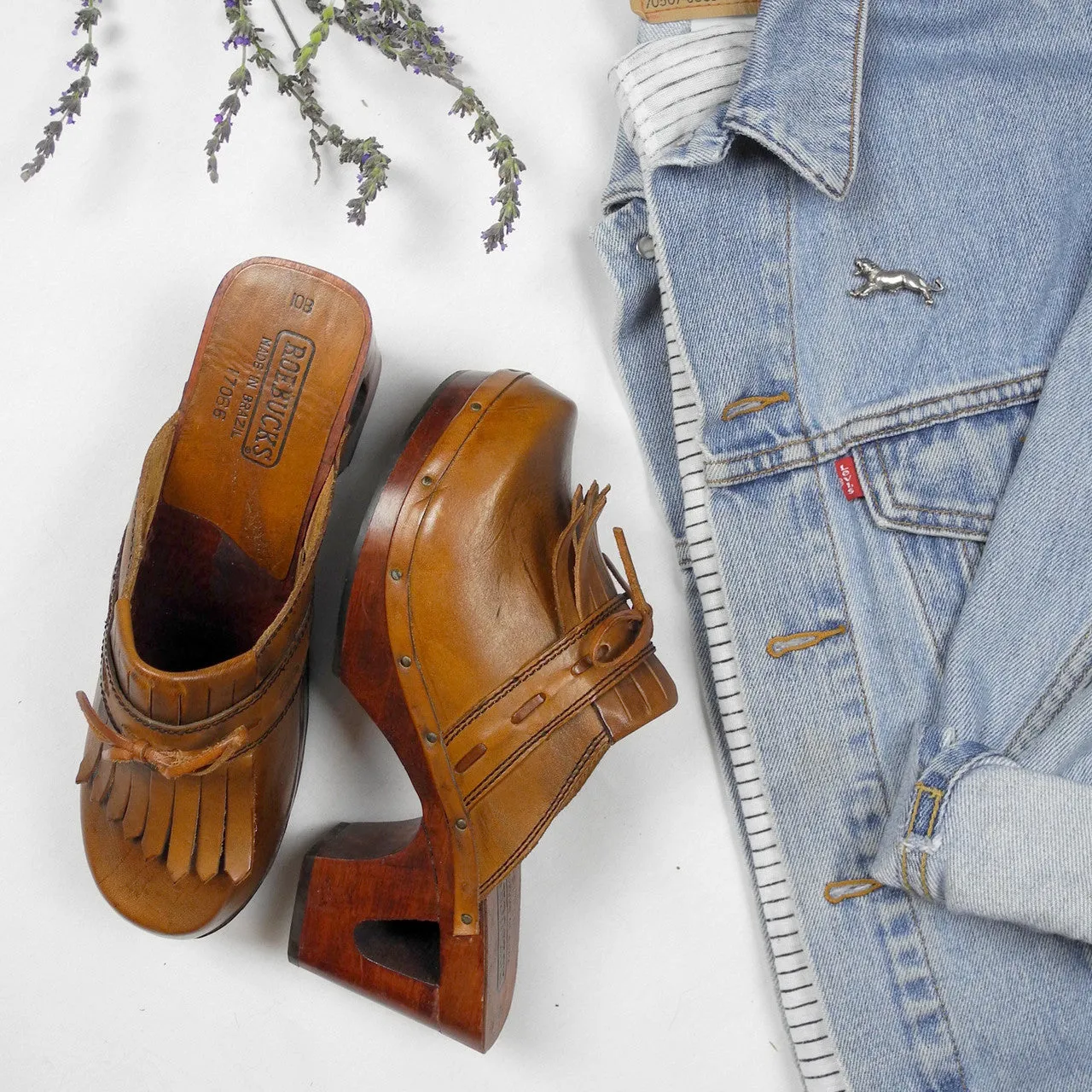 1970's Roebucks Tooled Leather and Wood Platform Clogs with Cutout Heel 9.5 SOLD