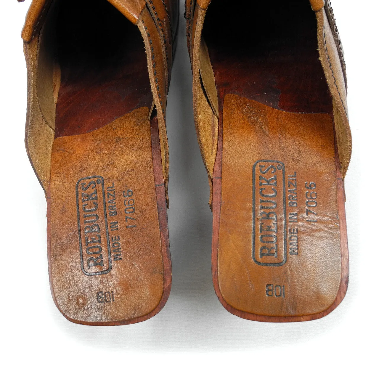 1970's Roebucks Tooled Leather and Wood Platform Clogs with Cutout Heel 9.5 SOLD