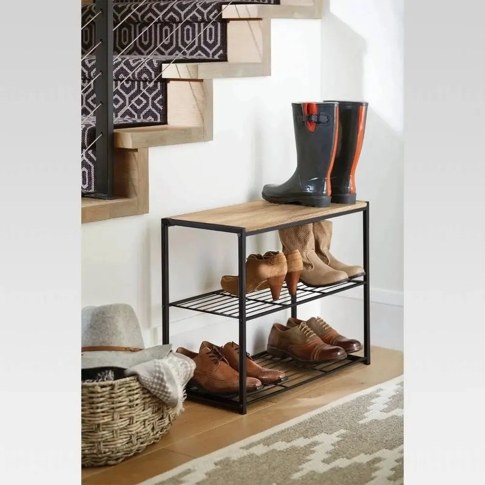 3 Tier Shoe Rack Black Metal with Natural Wood - Brightroom