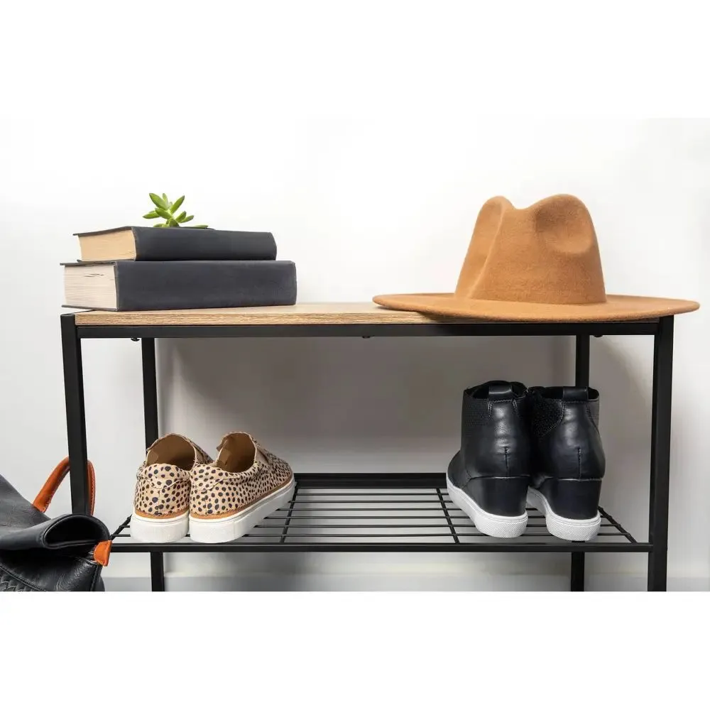 3 Tier Shoe Rack Black Metal with Natural Wood - Brightroom