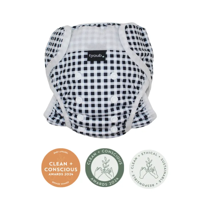 Adjustable Reusable Swim Nappy and Wet Bag - Black Gingham