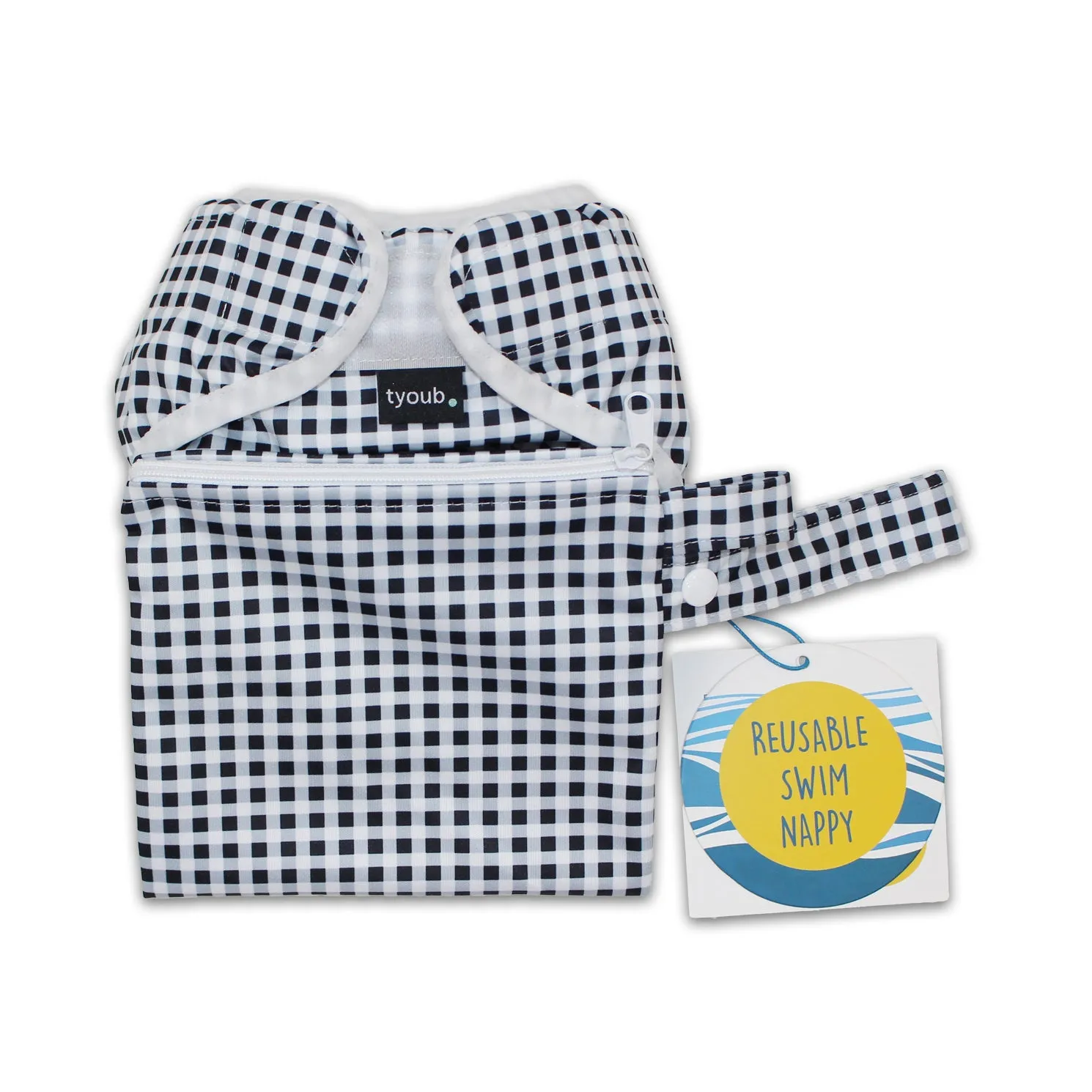 Adjustable Reusable Swim Nappy and Wet Bag - Black Gingham