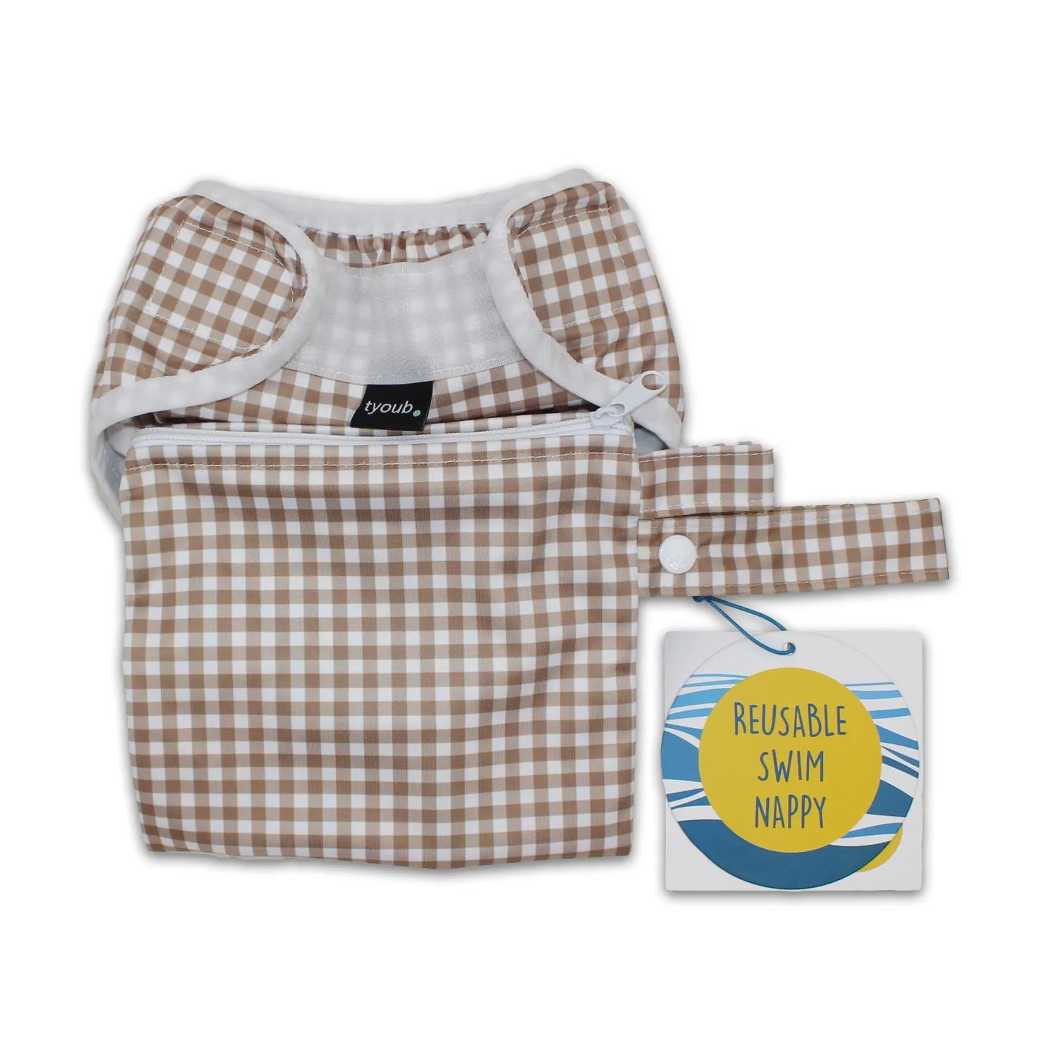 Adjustable Reusable Swim Nappy and Wet Bag - Fawn Gingham Check