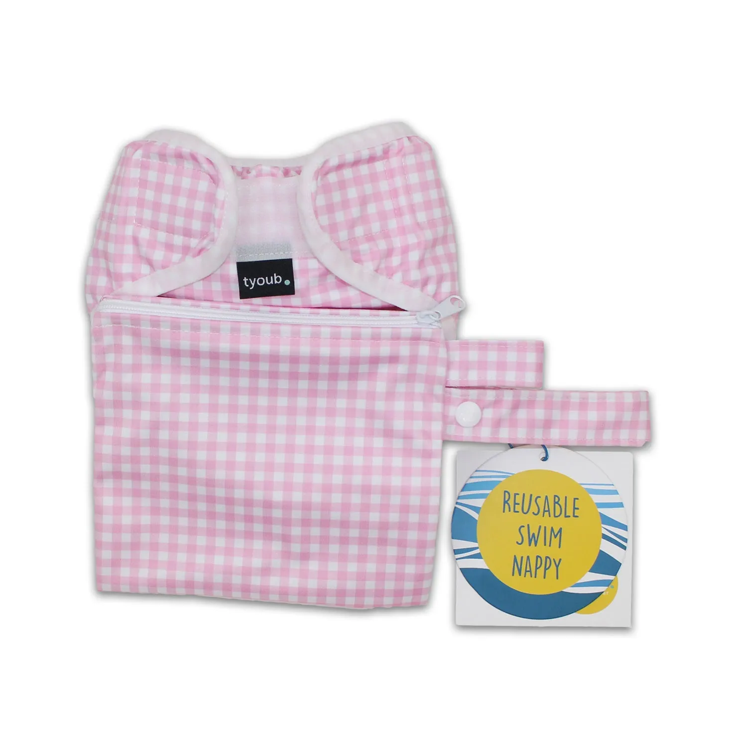 Adjustable Reusable Swim Nappy and Wet Bag - Pink Gingham Check