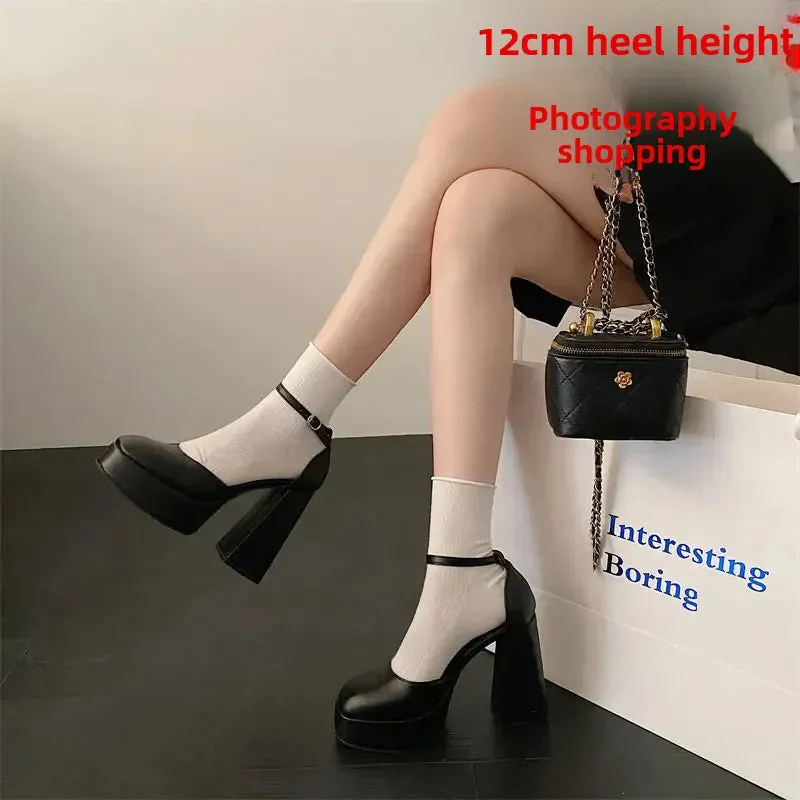 Amozae-Low Barbie High Heels Women's 2024 New Waterproof Platform One-piece Strap Headpiece Thick Heel Medium Open Barrel Shoes