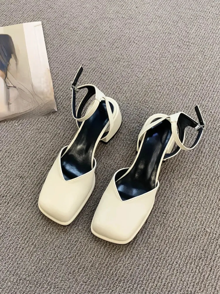 binfenxie  -   Summer Hollow Out Pure Color Sandals Woman Non Slip Casual Elegant Shoes Beach Korean Style Buckle Medium Heels Shoes Slim