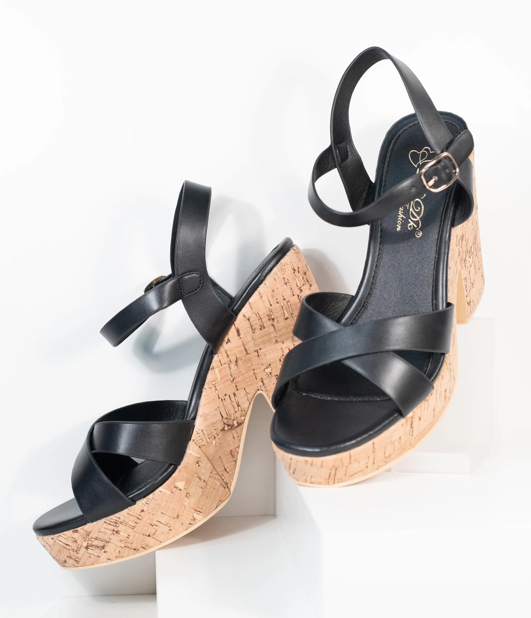 Black Leatherette & Cork Stacked Platform Heels