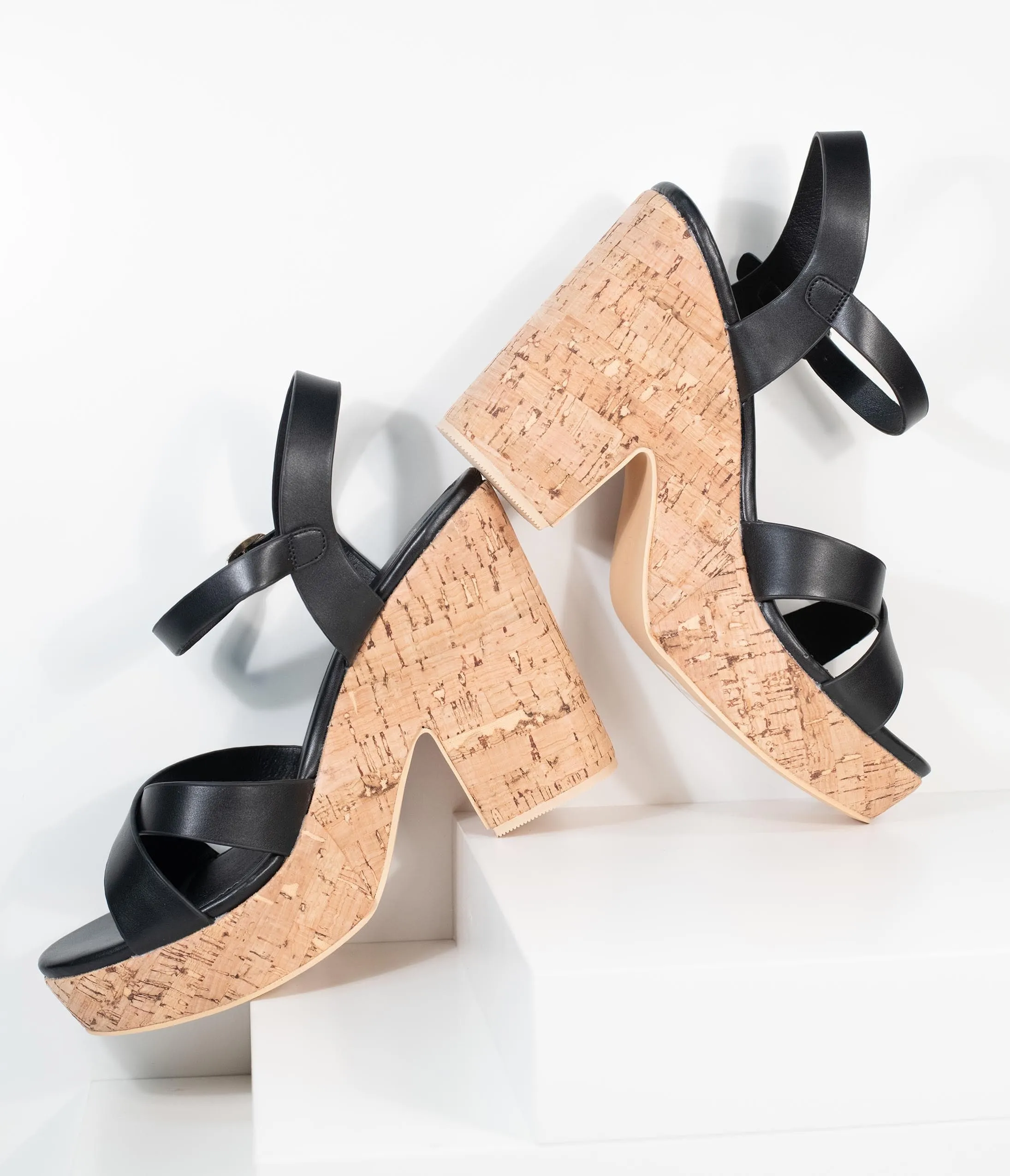 Black Leatherette & Cork Stacked Platform Heels