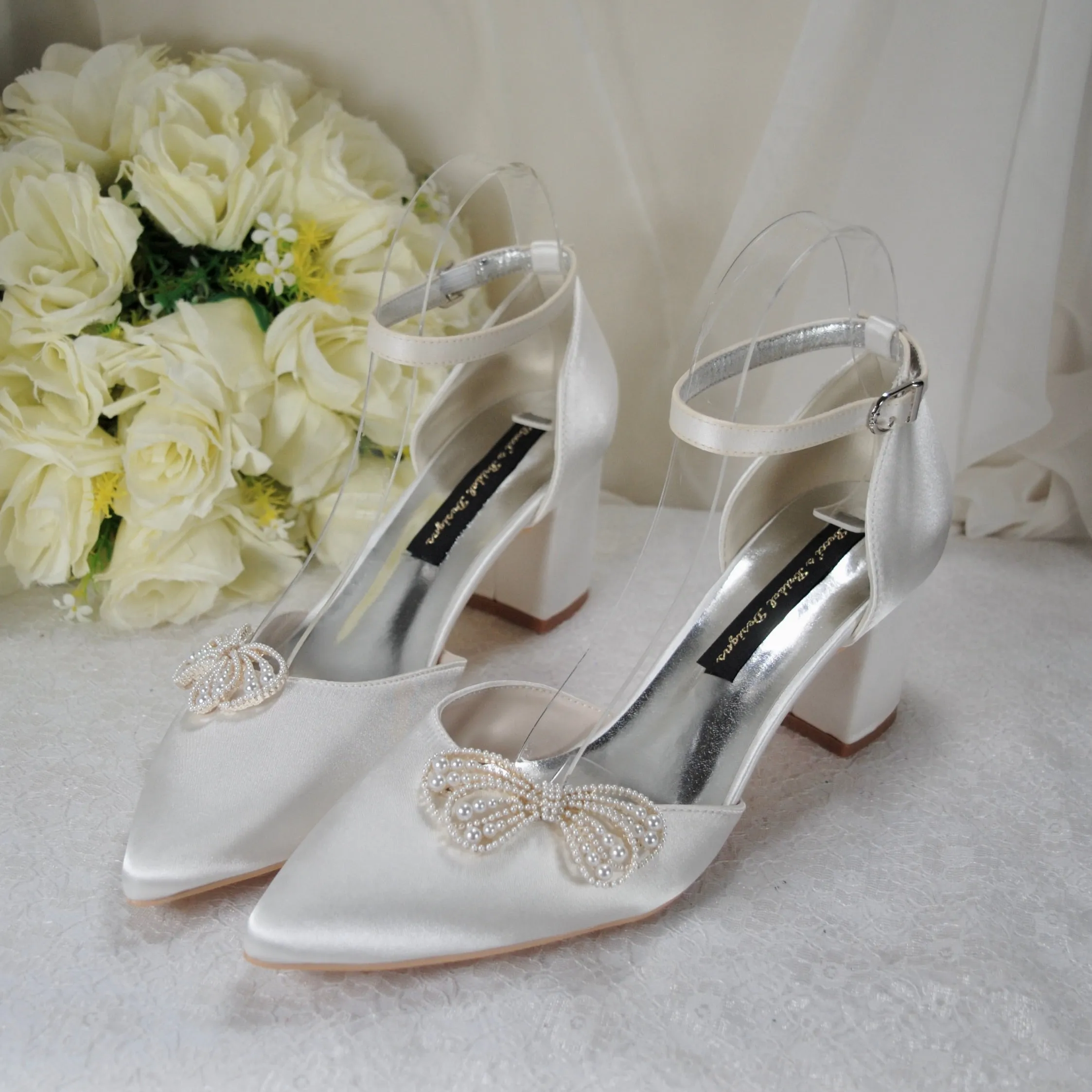 Block Heels with Pearl Bow