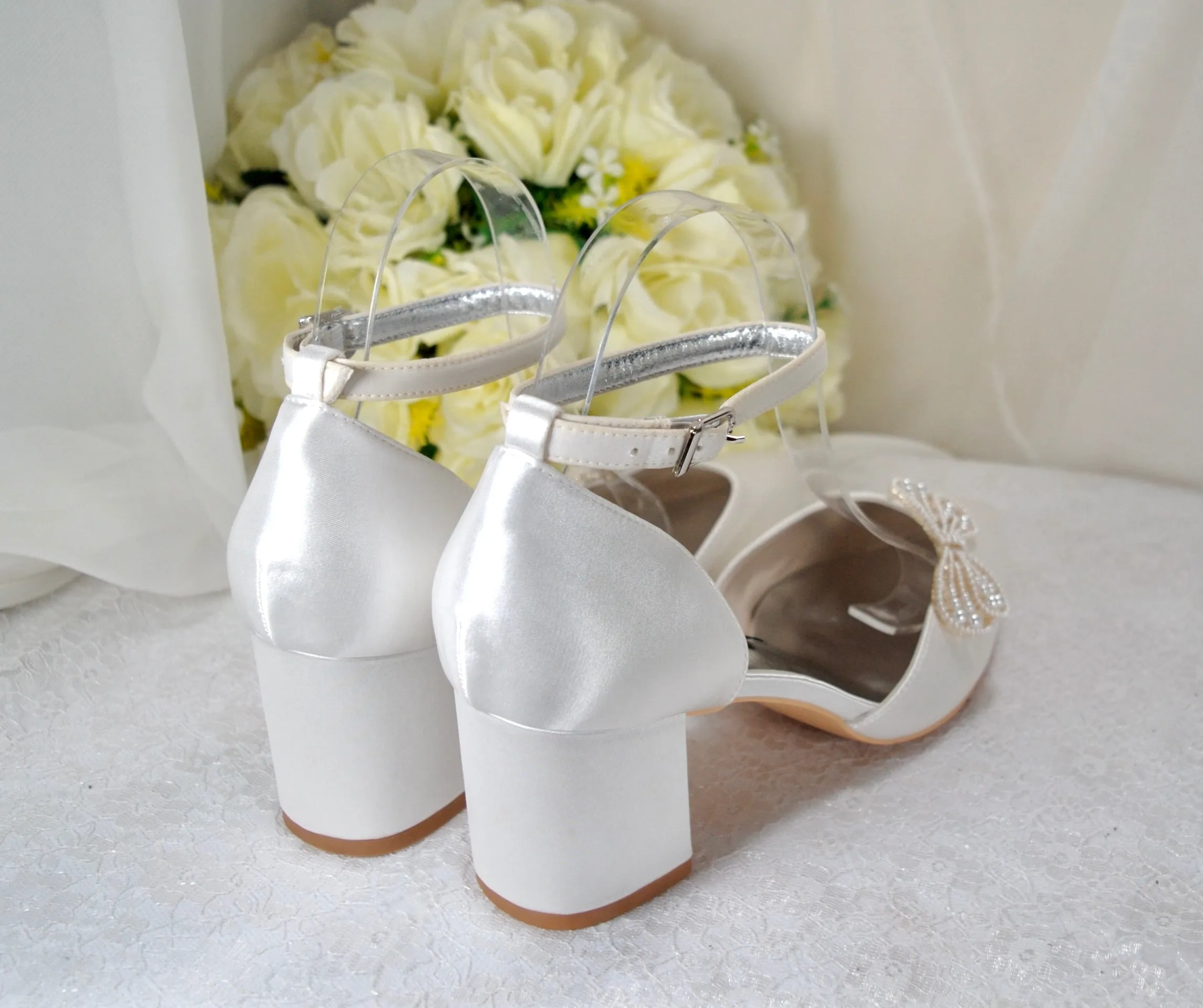 Block Heels with Pearl Bow