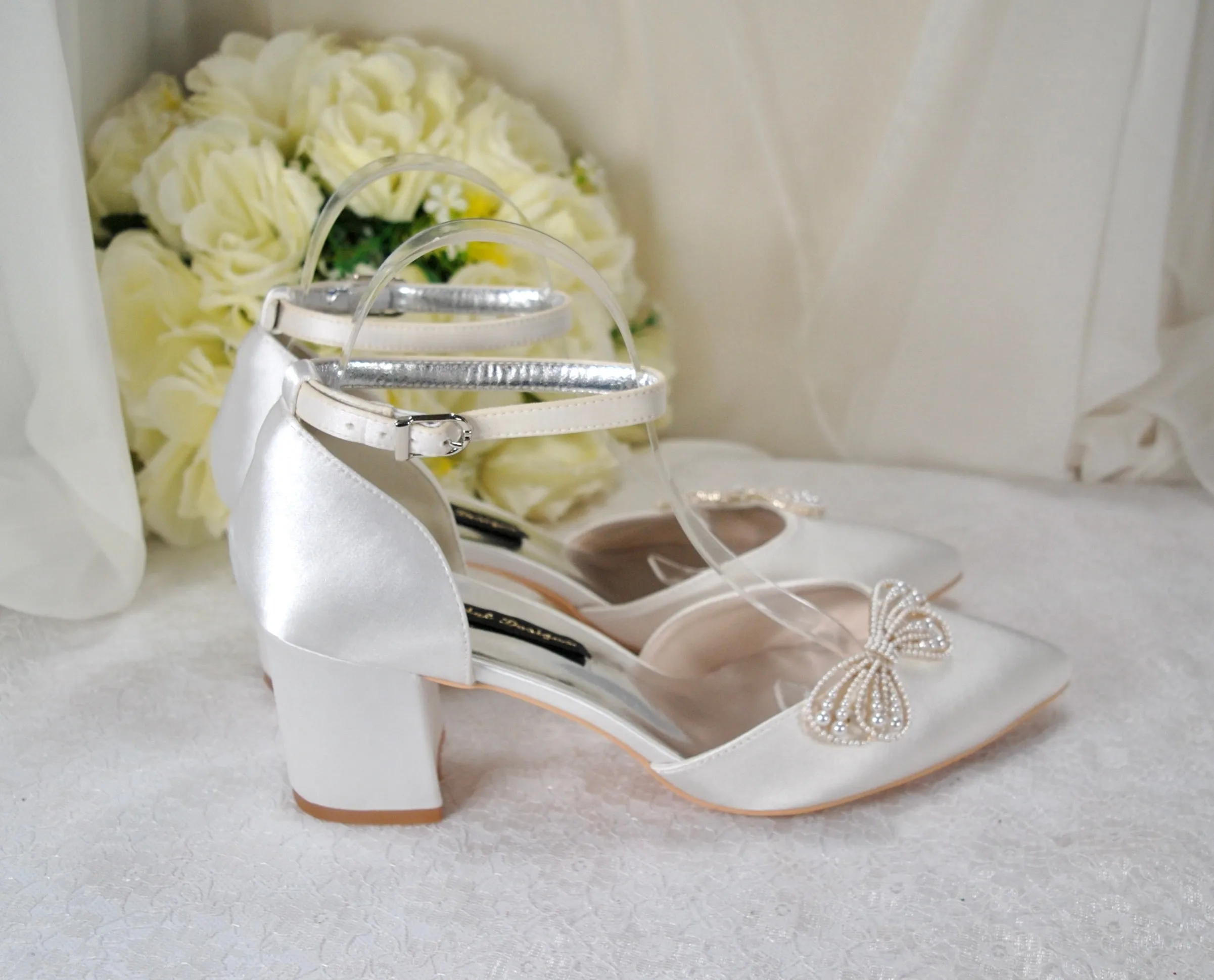 Block Heels with Pearl Bow