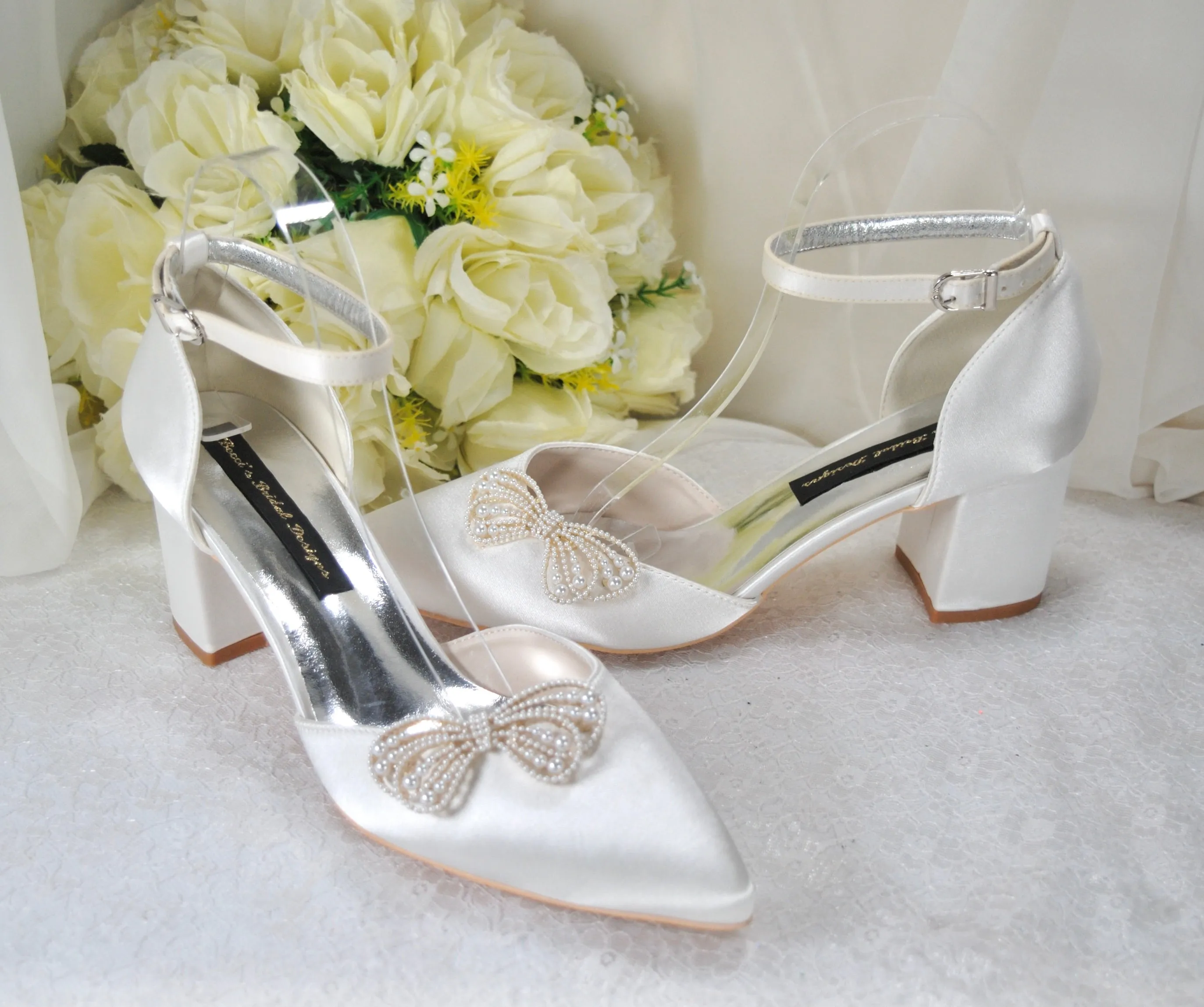 Block Heels with Pearl Bow