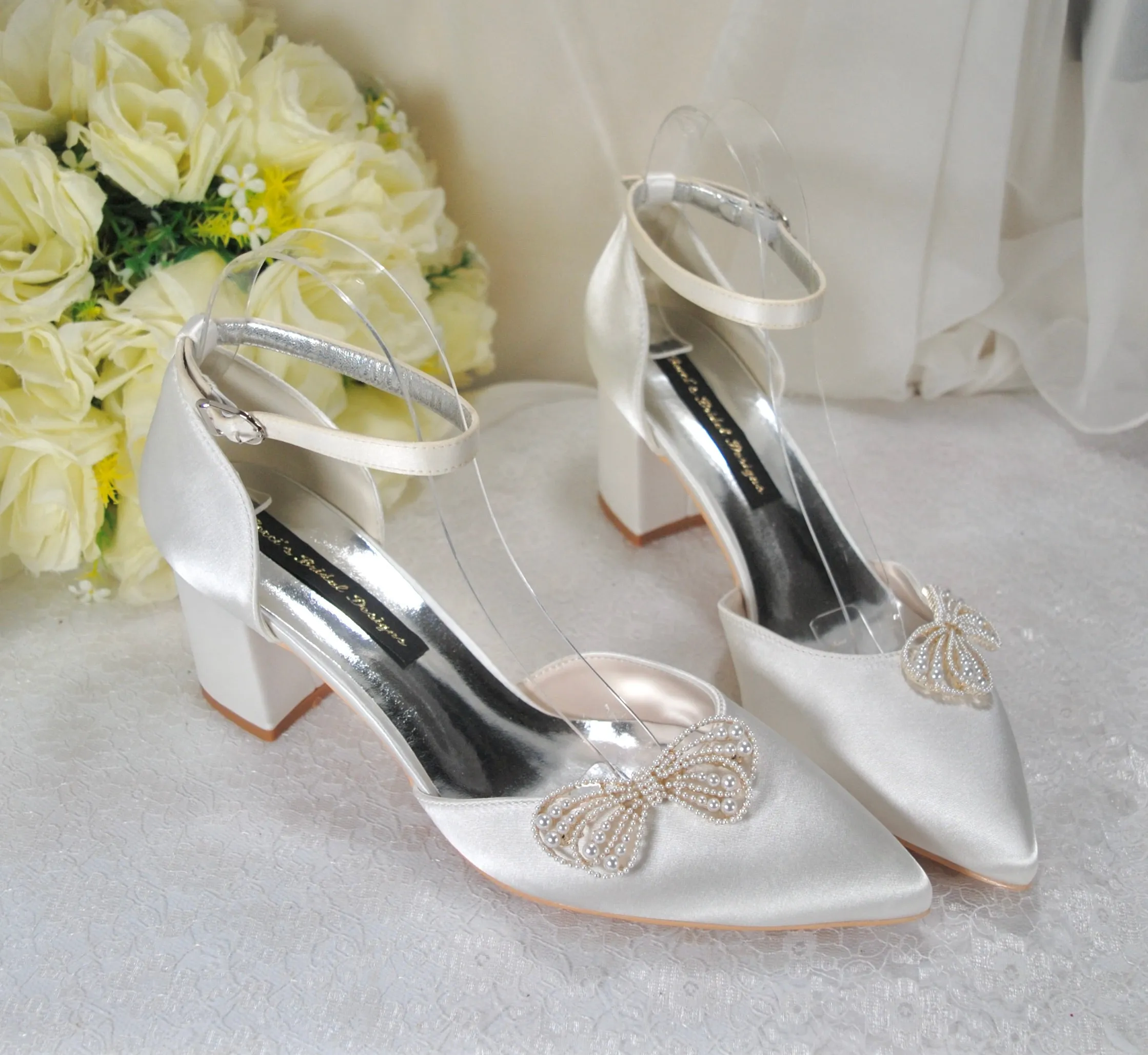 Block Heels with Pearl Bow