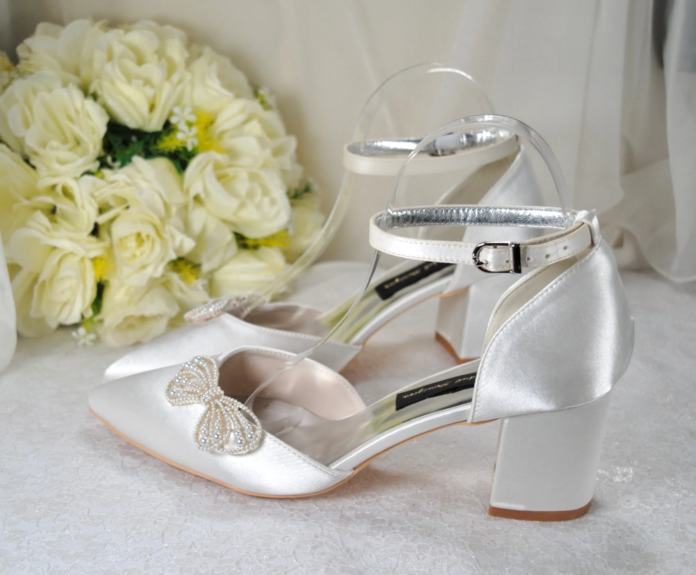 Block Heels with Pearl Bow