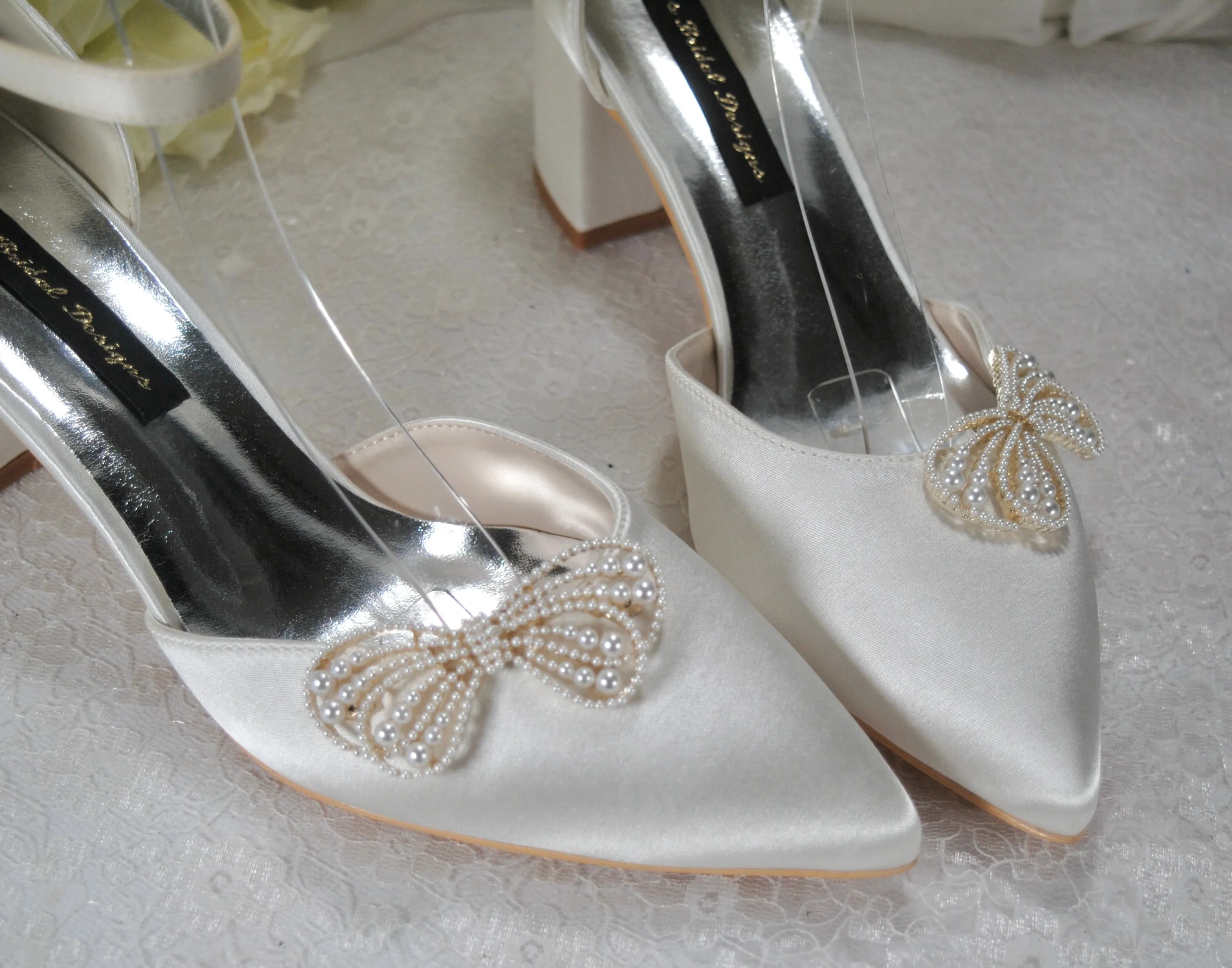 Block Heels with Pearl Bow