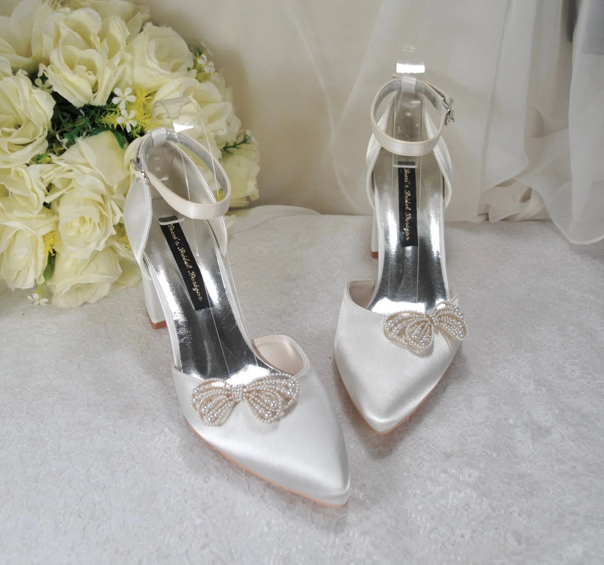 Block Heels with Pearl Bow