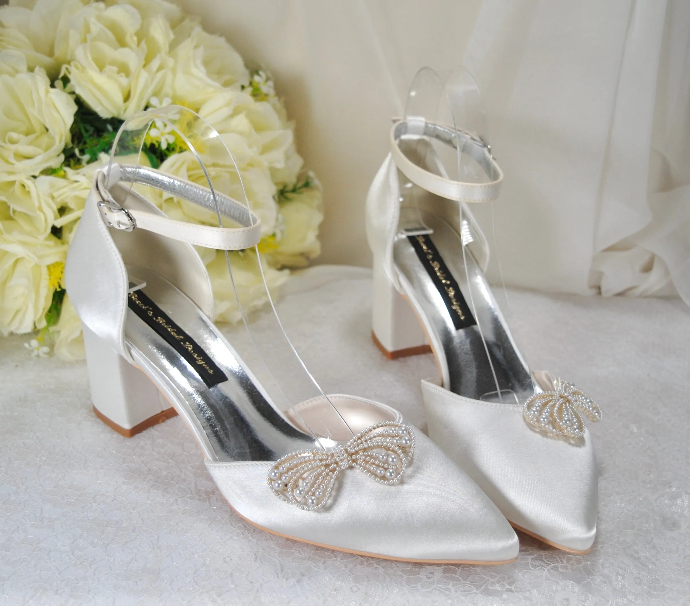 Block Heels with Pearl Bow