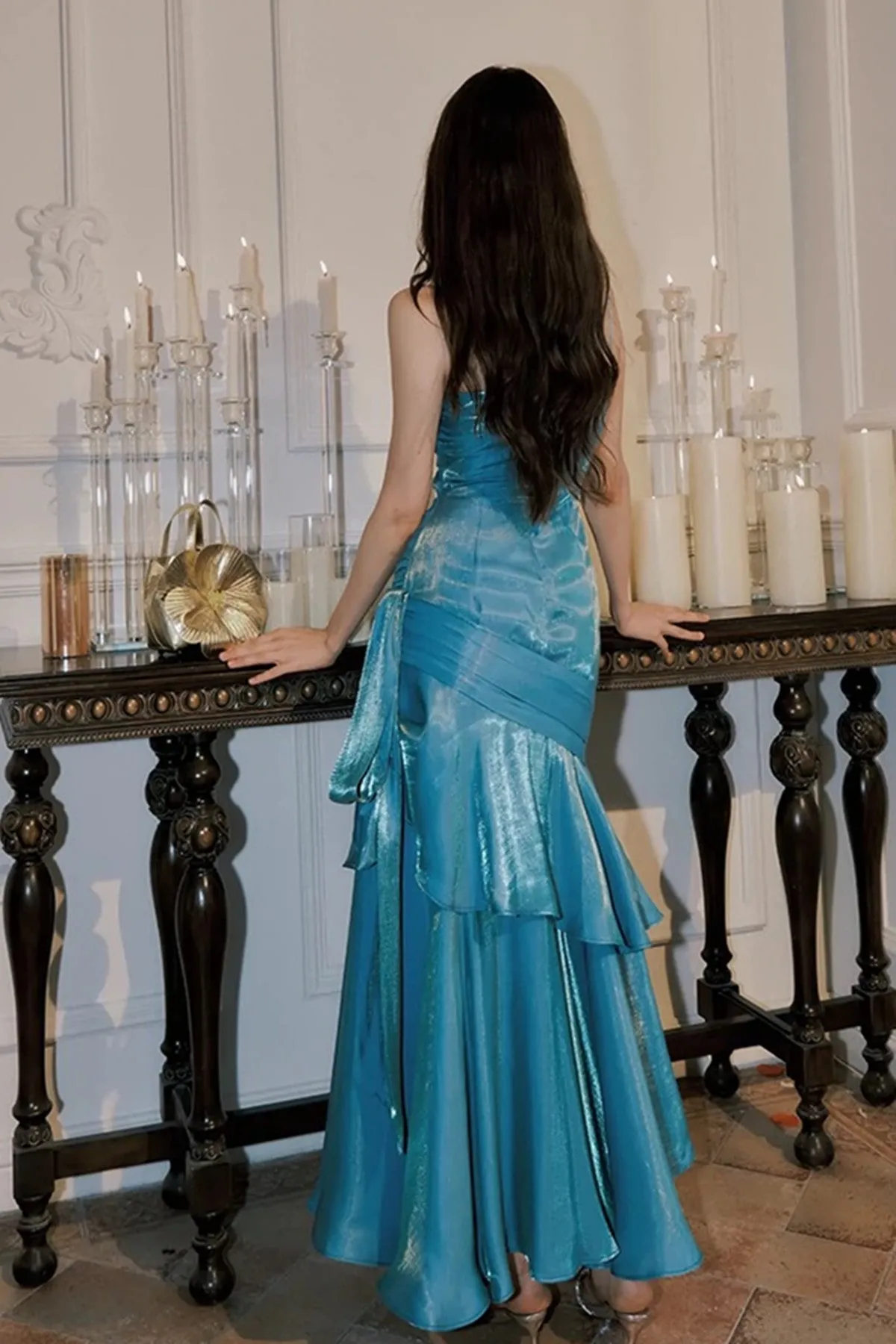 Blue Mermaid Long Sweetheart Floor Length Party Dress, Blue Satin Prom Dress