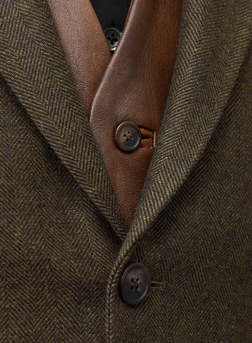 Bottle Brown Herringbone Tweed Suit - Leather Trim