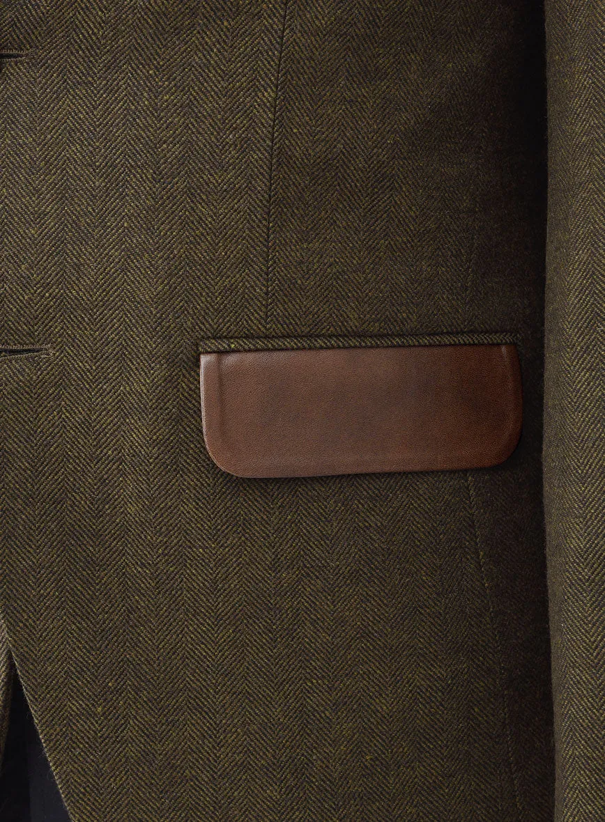 Bottle Brown Herringbone Tweed Suit - Leather Trim