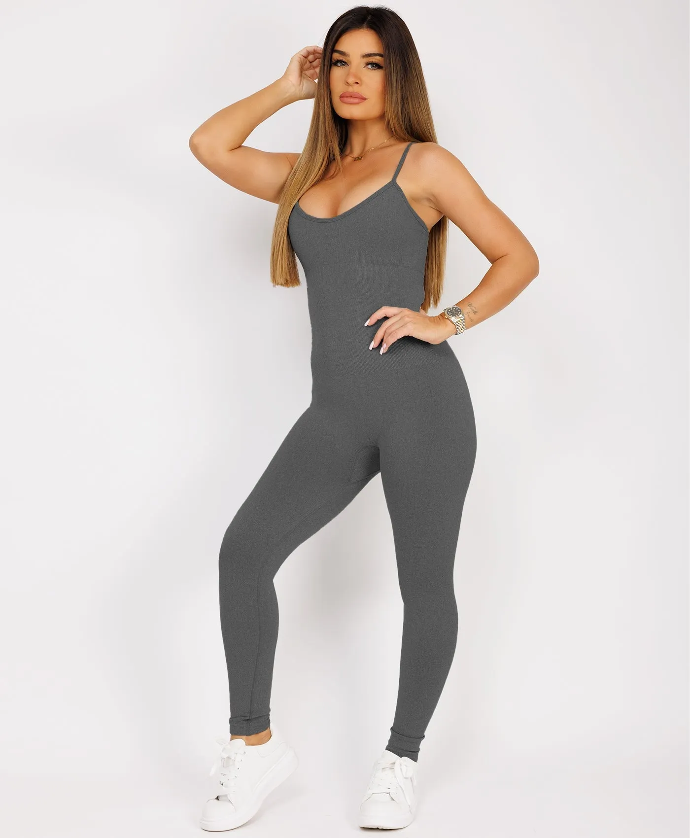 Charcoal Grey Elastic Ribbed Waist Spaghetti Strap Jumpsuit