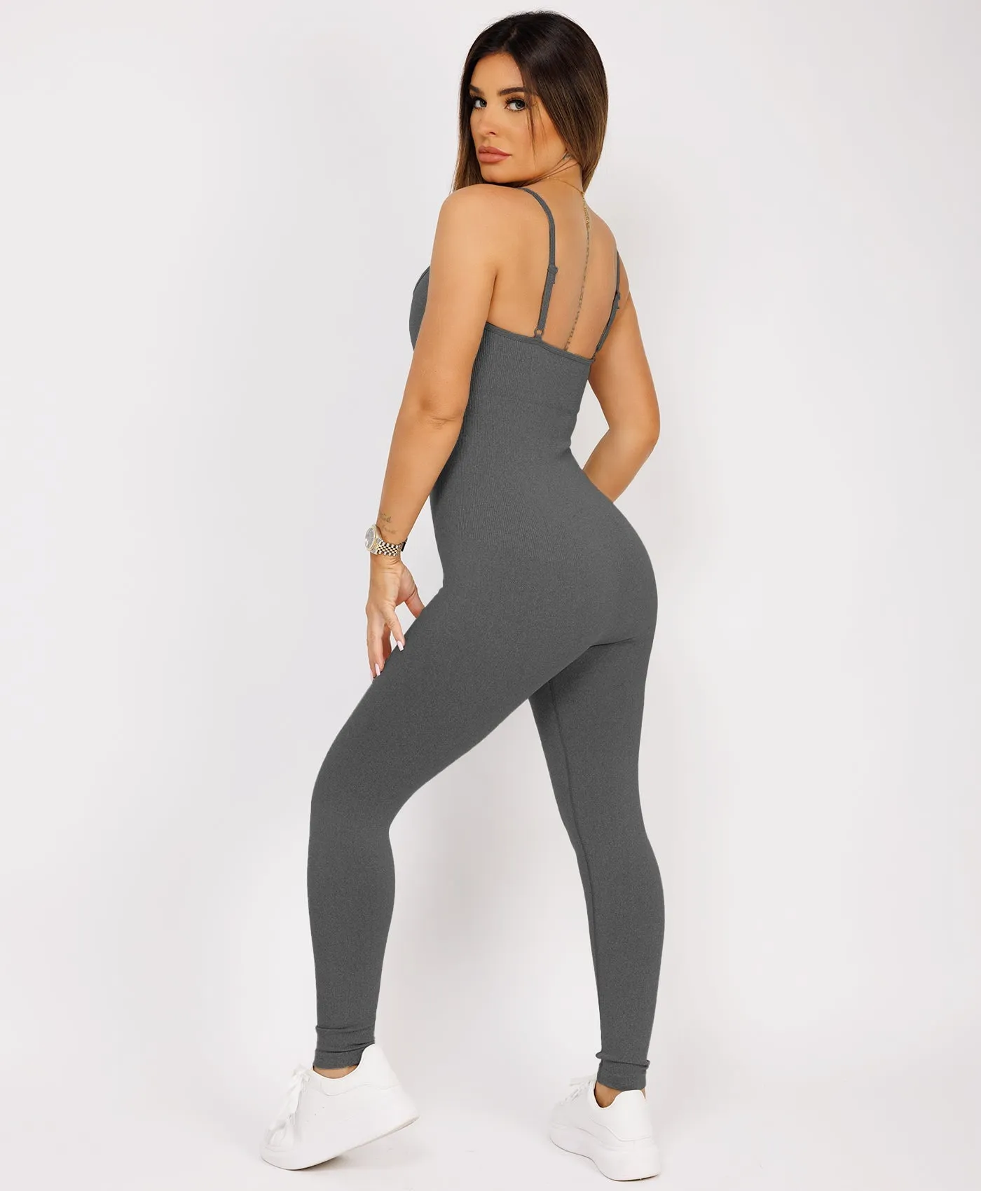 Charcoal Grey Elastic Ribbed Waist Spaghetti Strap Jumpsuit