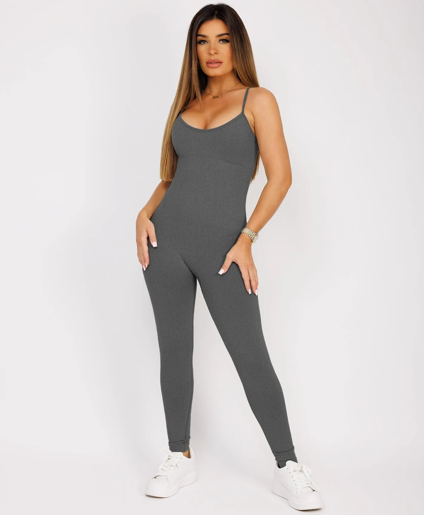 Charcoal Grey Elastic Ribbed Waist Spaghetti Strap Jumpsuit