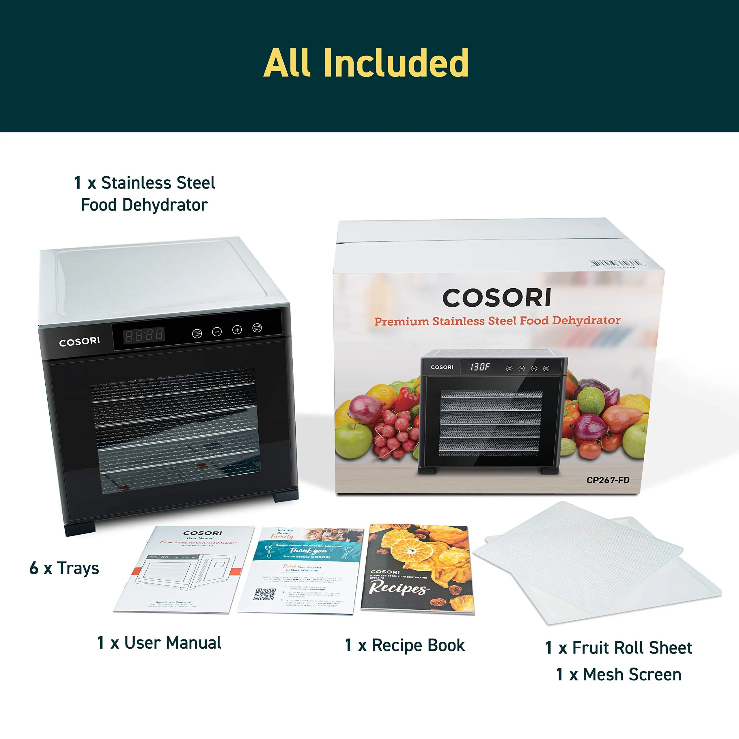 COSORI - Premium Dehydrator with 6 Stainless Steel Trays