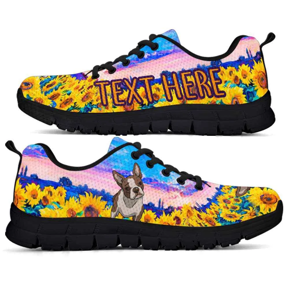 Custom Name Boston Terrier Sneaker, Boston Terrier Sunflower Sky Sneakers Running Shoes, Best Running Shoes