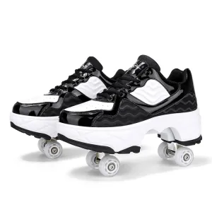 Deformable Four-wheel Retractable Double-row Dual-purpose Roller Skates, Size: 35(DF09 Black)