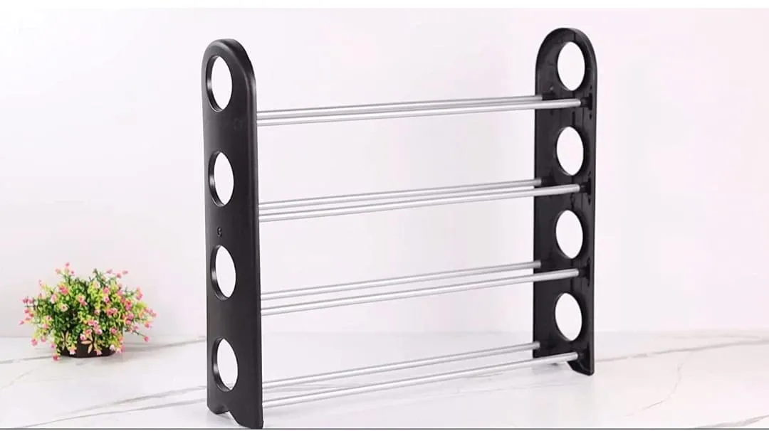 Easy to Assemble Foldable 4 Shelves, 12 Pair Metal & Plastic Rustproof Shoe Rack (Black)