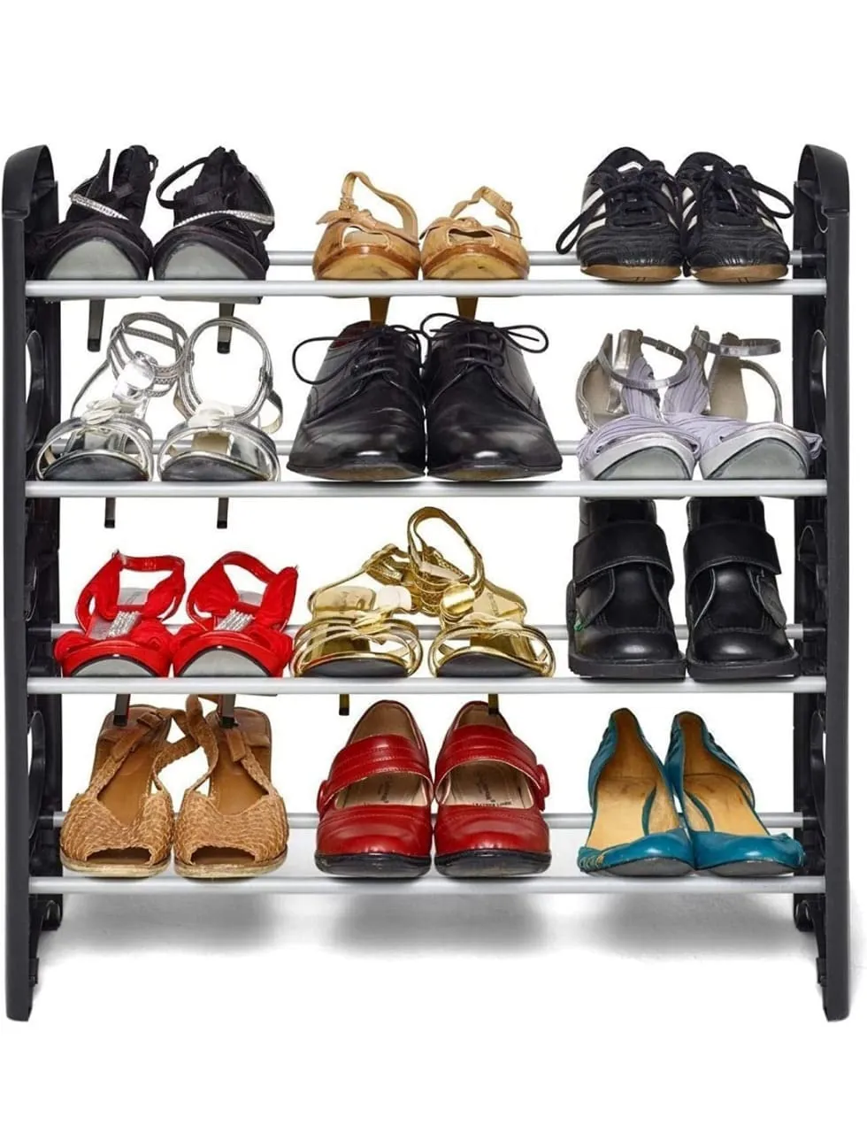 Easy to Assemble Foldable 4 Shelves, 12 Pair Metal & Plastic Rustproof Shoe Rack (Black)