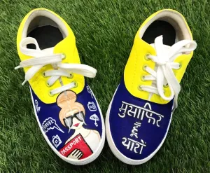 Funky N Trendy hand painted water resistant Musafir hu yaroo theme yellow blue shoes