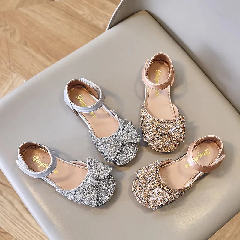 Girls Princess Shoes Little Girl Sequin Sandals Spring Summer Bow Flats Shoes Fashion Glitter Children Wedding Sandals J213