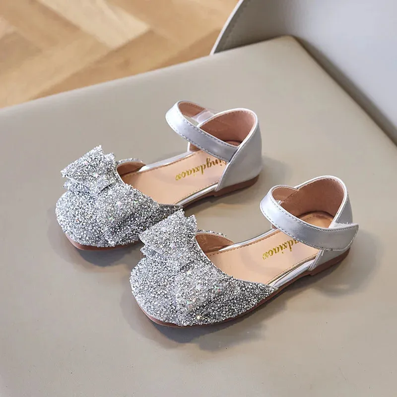 Girls Princess Shoes Little Girl Sequin Sandals Spring Summer Bow Flats Shoes Fashion Glitter Children Wedding Sandals J213