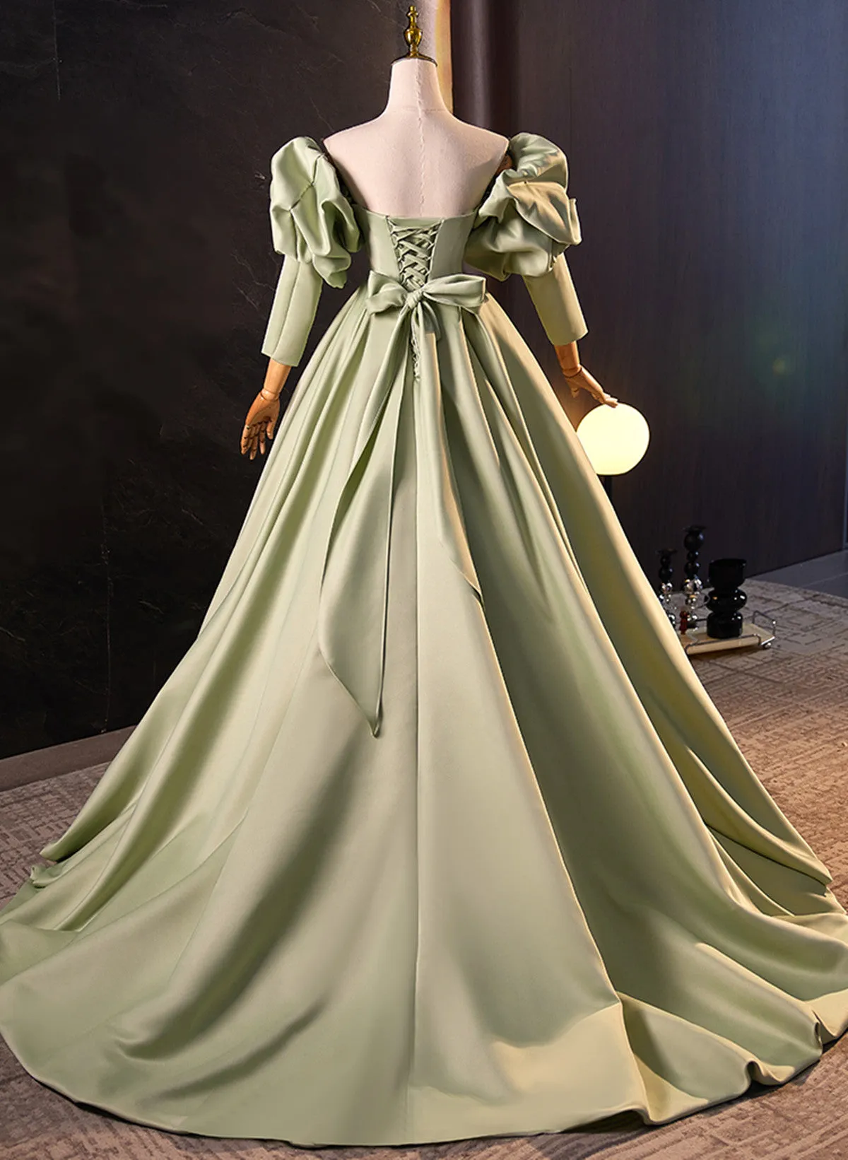 Green Satin Off Shoulder Unique Long Party Dress, Green Satin Prom Dress