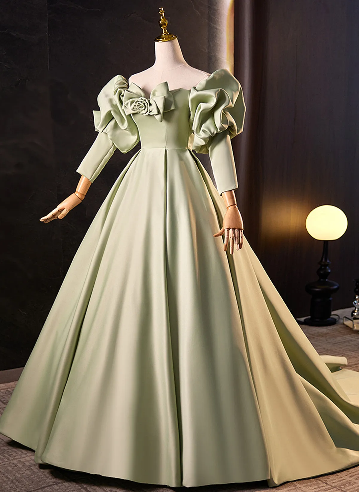 Green Satin Off Shoulder Unique Long Party Dress, Green Satin Prom Dress