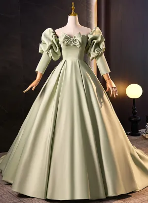 Green Satin Off Shoulder Unique Long Party Dress, Green Satin Prom Dress