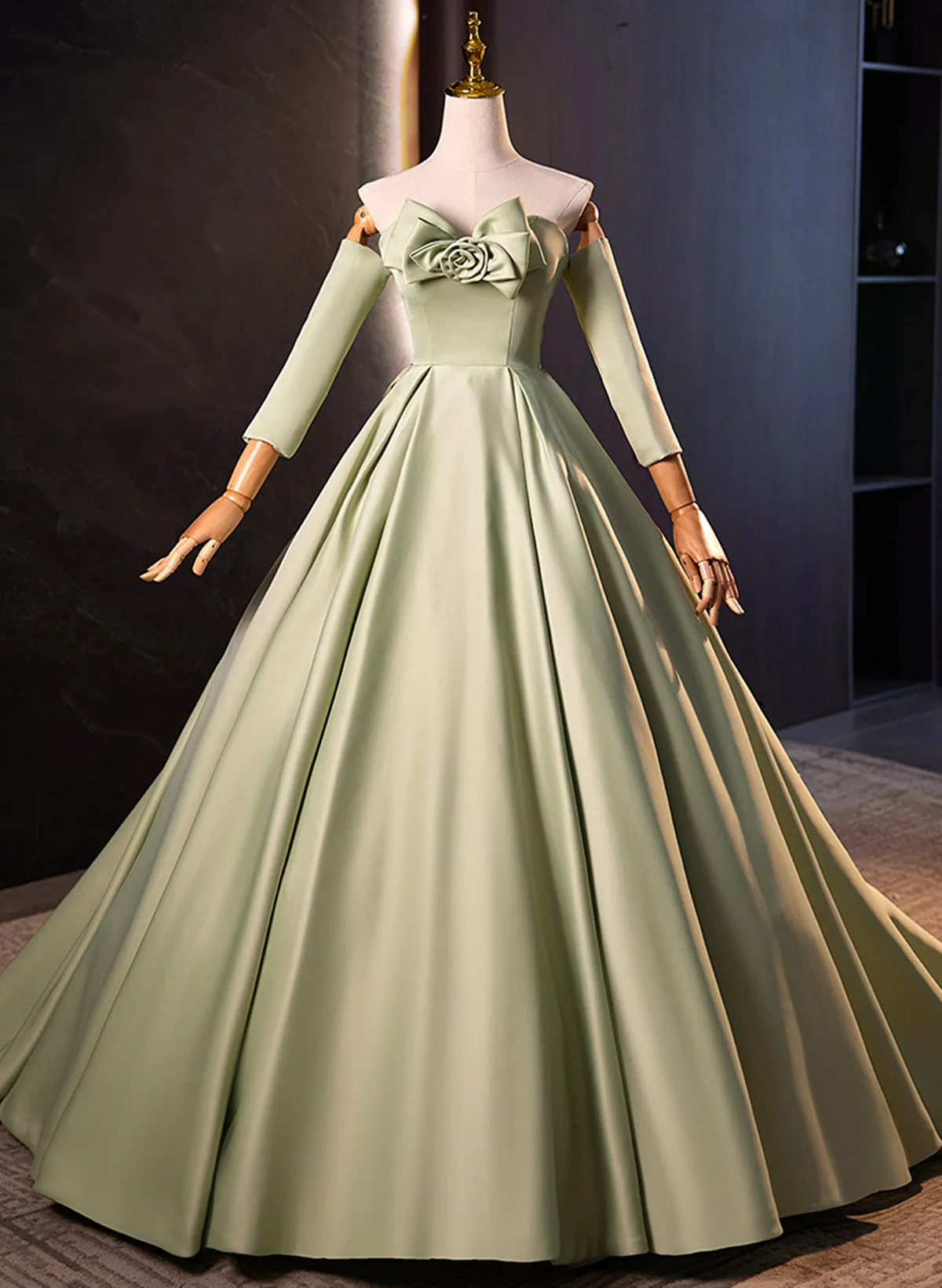 Green Satin Off Shoulder Unique Long Party Dress, Green Satin Prom Dress