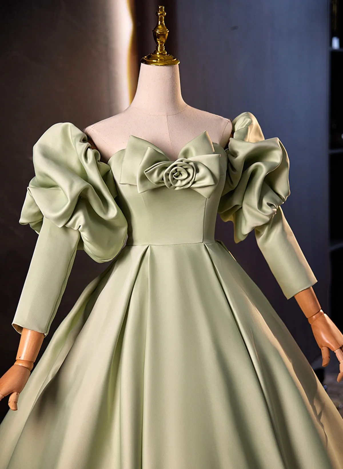 Green Satin Off Shoulder Unique Long Party Dress, Green Satin Prom Dress