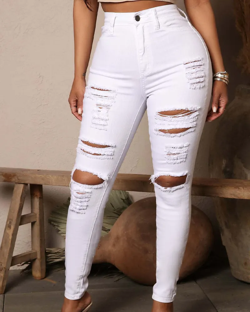 High Elastic Broken Hole Jeans