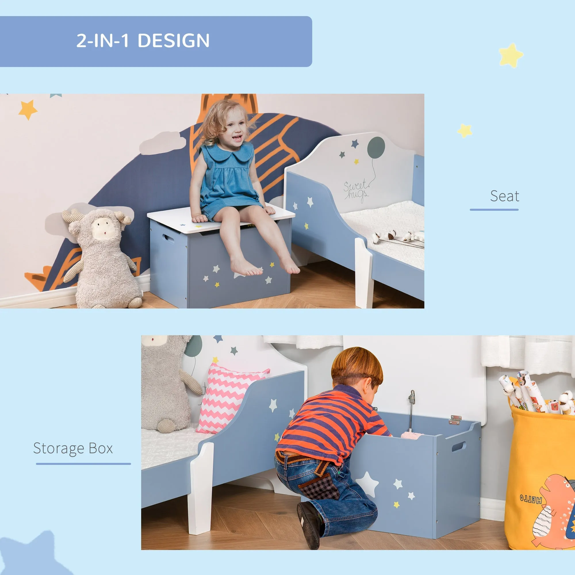 Homcom Kids Wooden Toy Box Children Storage Chest Organiser Side Handle Safety Hinge Play Room Furniture Blue