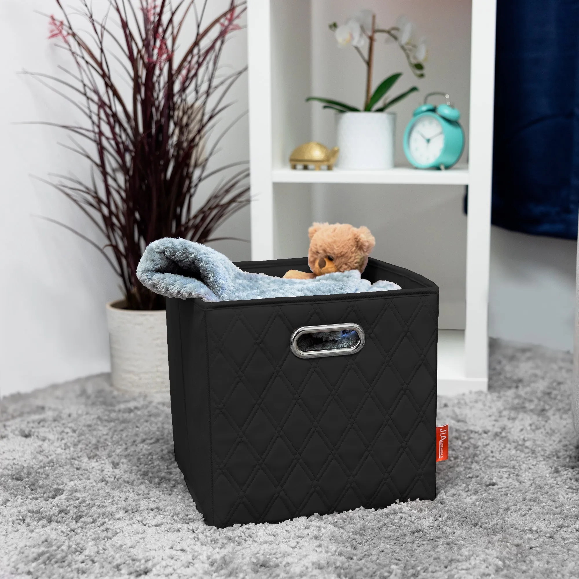 JIAessentials 11 inch Foldable Diamond Patterned Faux Leather Storage Cube Bins Set of Two with Dual Handles - 11" Black