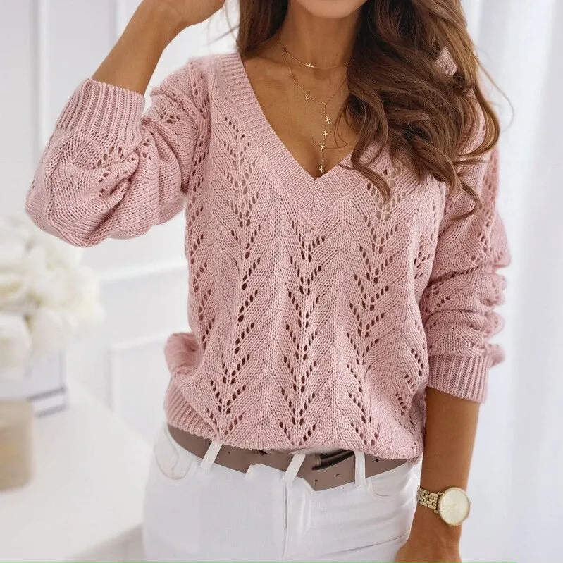 Joskaa Autumn Fashion Hollow Out Pullovers Women Casual V Neck Knitted Sweaters Elegant Loose Long Sleeve Knitwear Fall Outfits 2024