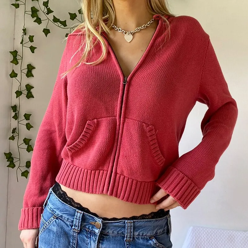 Joskaa Knitted Sweater Women Vintage Cardigan Cropped Hoodies Coat Y2K Women Sweater Outwear Autumn Winter Zip Up Knitwear Fall Outfits 2024