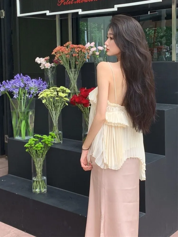 Joskka Solid Vintage Elegant Two-piece Set Women Summer Korean Designer Skirt Suit Female Backless Retro Vest   Casual Pink Skirt 2023