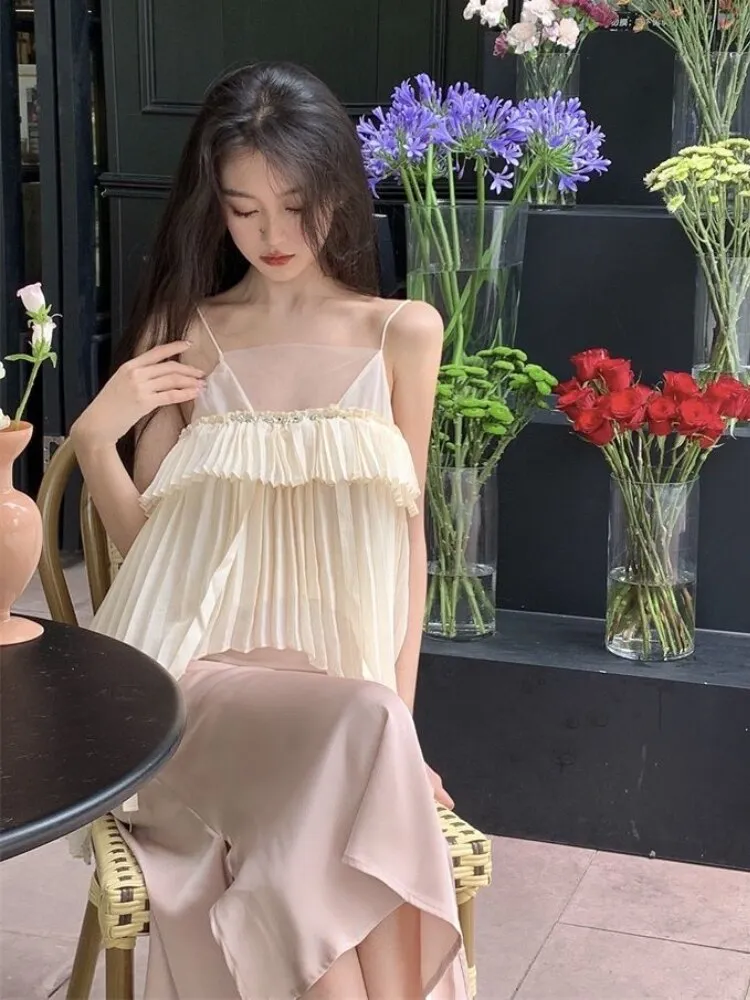 Joskka Solid Vintage Elegant Two-piece Set Women Summer Korean Designer Skirt Suit Female Backless Retro Vest   Casual Pink Skirt 2023