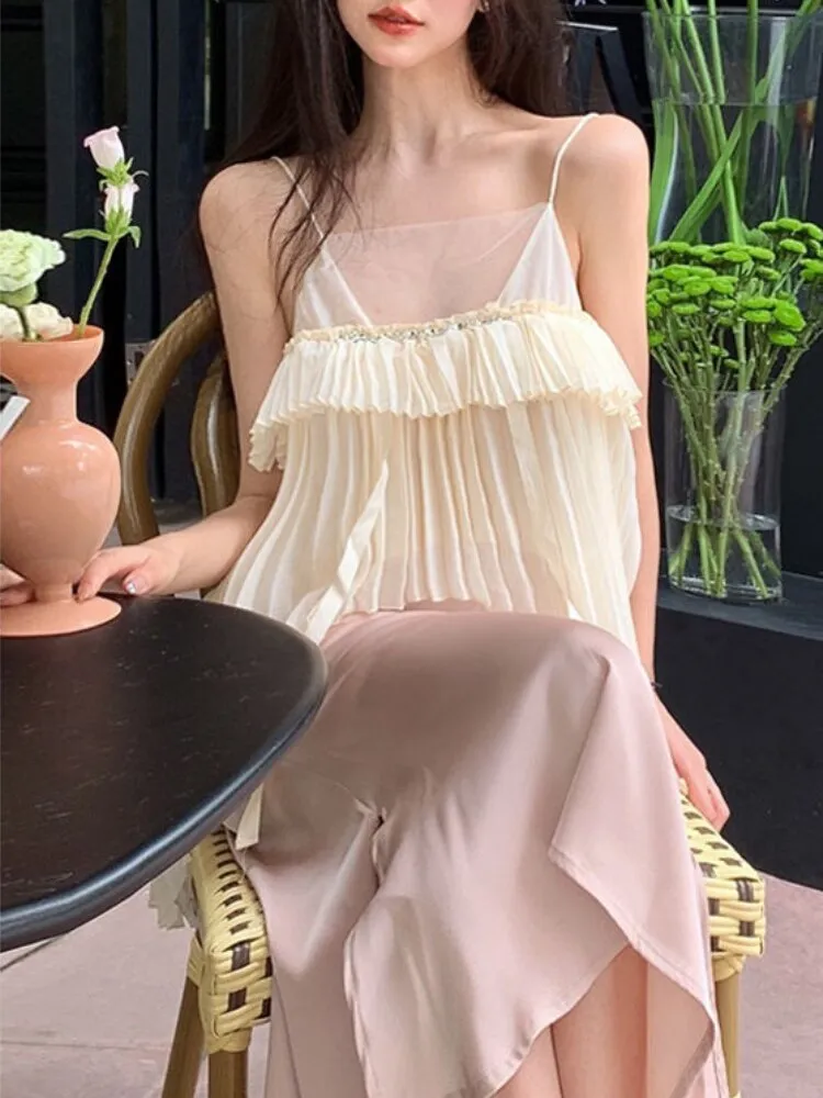 Joskka Solid Vintage Elegant Two-piece Set Women Summer Korean Designer Skirt Suit Female Backless Retro Vest   Casual Pink Skirt 2023