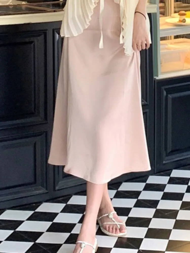 Joskka Solid Vintage Elegant Two-piece Set Women Summer Korean Designer Skirt Suit Female Backless Retro Vest   Casual Pink Skirt 2023